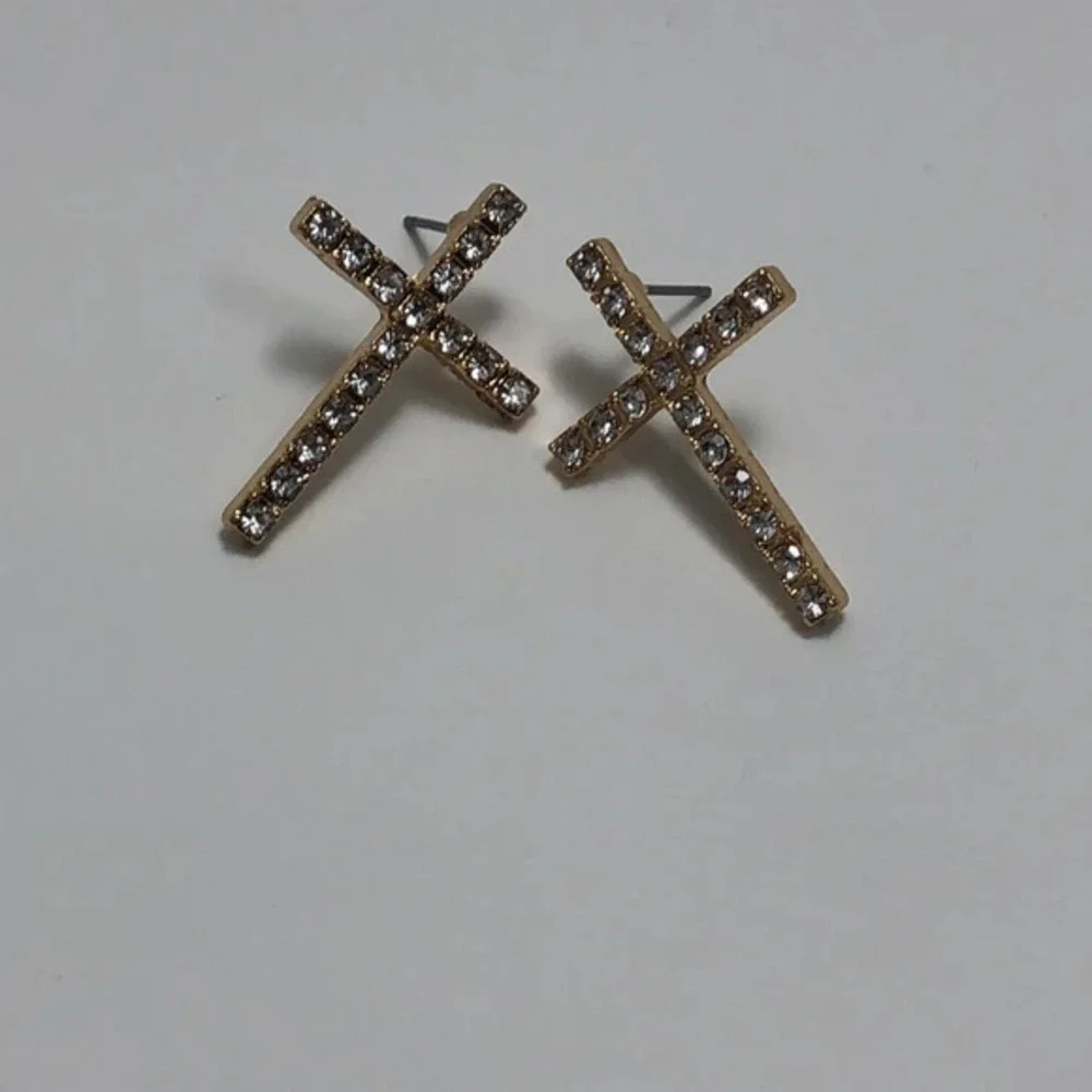 Gold Tone Rhinestone Cross Stud Earrings Religious Jewelry Sparkly Post Backs